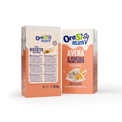 Dvije kutije OraSì Gelato, okusi Biscotto i Avena na bazi zobi, po 1L, s prikazom kuglice sladoleda na pakiranju.