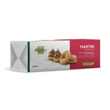 Kutija Master Martini Gateaux 2500g, biljna mješavina za slastice, s prhkim keksima i čokoladnom kremom na pakiranju