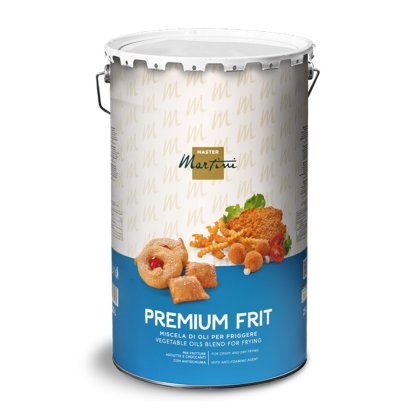 Metalna kanta Master Martini Premium Frit, mješavina biljnih ulja za prženje, s prikazom prženih jela.