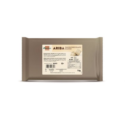 Pakiranje od 1kg bijele čokolade Marchesi Ariba u blokovima, bež omot s nutritivnom tablicom.