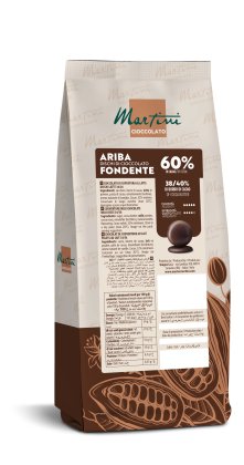 Smeđa ambalaža diskova tamne čokolade Martini Ariba Fondente 60% s ilustracijama kakaovca i nutritivnom etiketom.