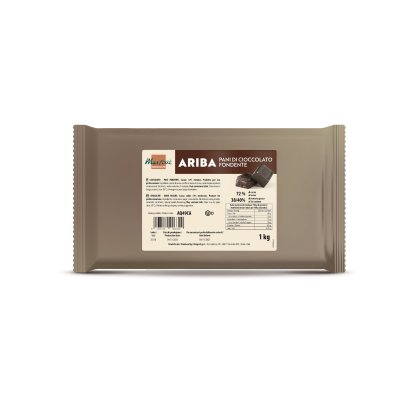 Vrećica od 1kg blokova tamne čokolade Martorani Ariba, 72% kakaa, s nutritivnom tablicom na bež pakiranju.