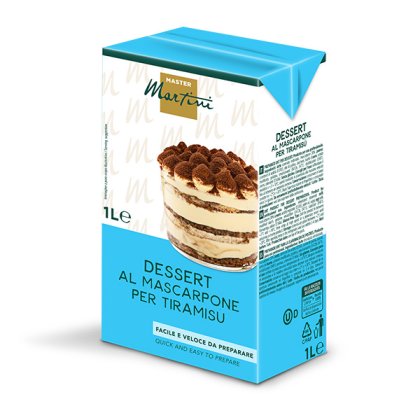 Pakiranje od 1L Master Martini mascarpone smjese za tiramisu, s fotografijom tiramisua na plavom pakiranju.