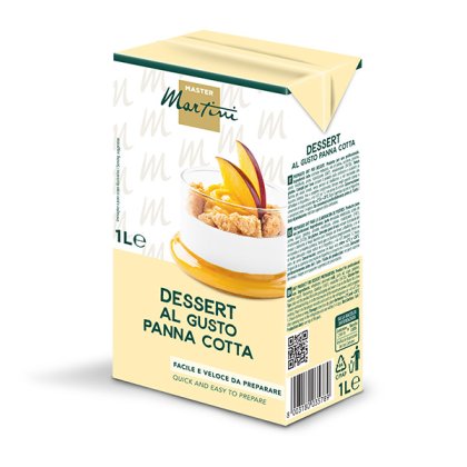 Pakiranje od 1L Master Martini pripravka za desert panna cotta, krema u čaši s kriškama breskve.