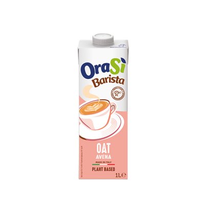 Pakiranje 1L zobenog napitka OraSì Barista, biljno, proizvedeno u Italiji, sa šalicom kave na roza ambalaži.