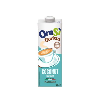 Kutija od 1 litre biljnog napitka OraSì Barista Coconut, tirkizno pakiranje s ilustracijom šalice, proizvedeno u Ital...