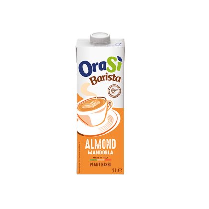 1L pakiranje OraSì Barista Almond, biljni napitak, narančasto pakiranje s grafikom šalice, proizvedeno u Italiji.