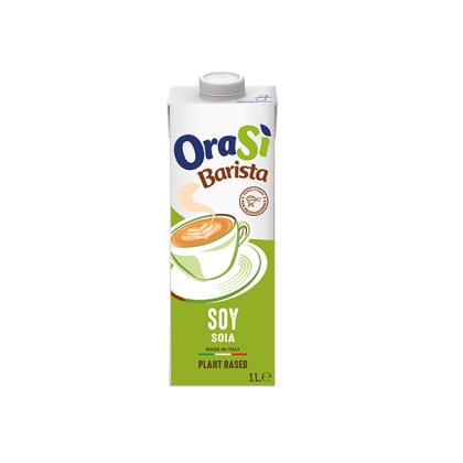 Kartonsko pakiranje od 1 litre biljnog napitka od soje OraSì Barista, zelena etiketa s grafikom šalice, proizvedeno u...