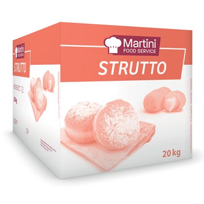 Kutija od 20kg Martini Food Service Strutto s pecivima posutim šećerom na dasci za rezanje.