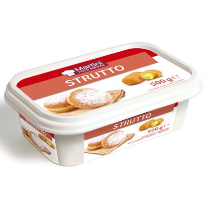 Bijela plastična posuda Martini Food Service Mast, 500g, crvena etiketa sa šećernim krafnama.