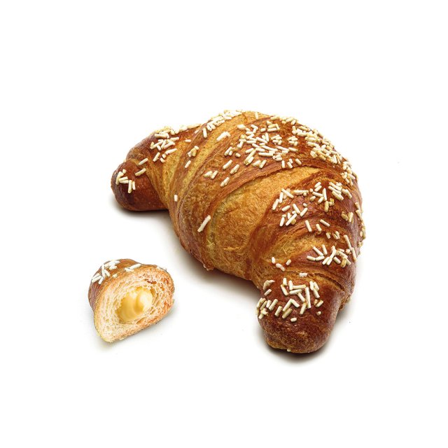 Zlatni kroasan posut bijelim posipom, pored njega manji komad prerezan s kremastim vanilijskim nadjevom.