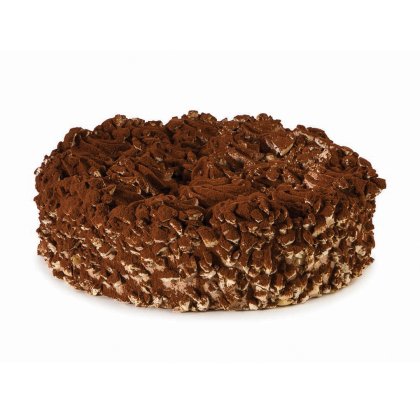 Okrugla čokoladna torta prekrivena mrvicama keksa i posipana kakaom, na bijeloj pozadini.