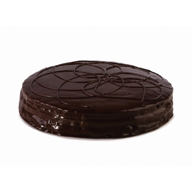 Okrugla čokoladna torta s glazurom i dekorativnim uzorkom vrtloga na bijeloj podlozi.