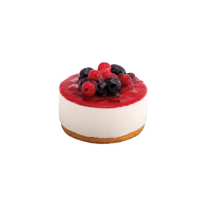 Mini cheesecake s biskvitnom podlogom, bijelom kremom, glazurom od crvenog voća, borovnicama i ukrasom
