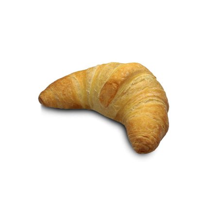 Zlatnosmeđi kroasan u obliku polumjeseca, lisnat, na bijeloj pozadini.