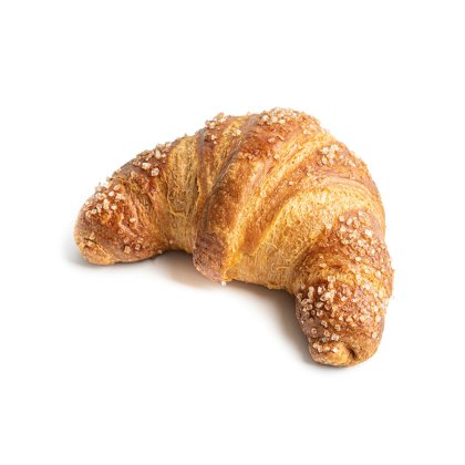 Zlatno-smeđi, hrskavi croissant zakrivljenog oblika, posut krupnim šećerom, na bijeloj pozadini.