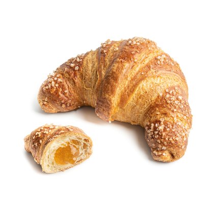 Cijeli kroasan u šećernim perlicama pored prerezanog komada s marelicom