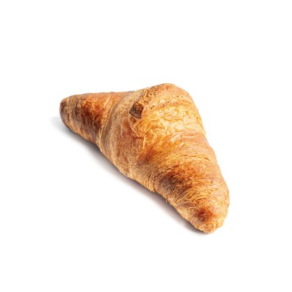 Zlatnosmeđi lisnati croissant sa slojevitim tijestom na bijeloj pozadini.