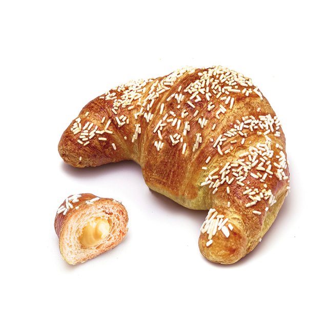 Zlatni croissant s bijelim posipom, pored manji komad s kremastim vanilijskim nadjevom.