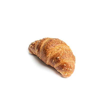 Zlatnosmeđi zavijeni kroasan posut grubim šećerom, na bijeloj podlozi.
