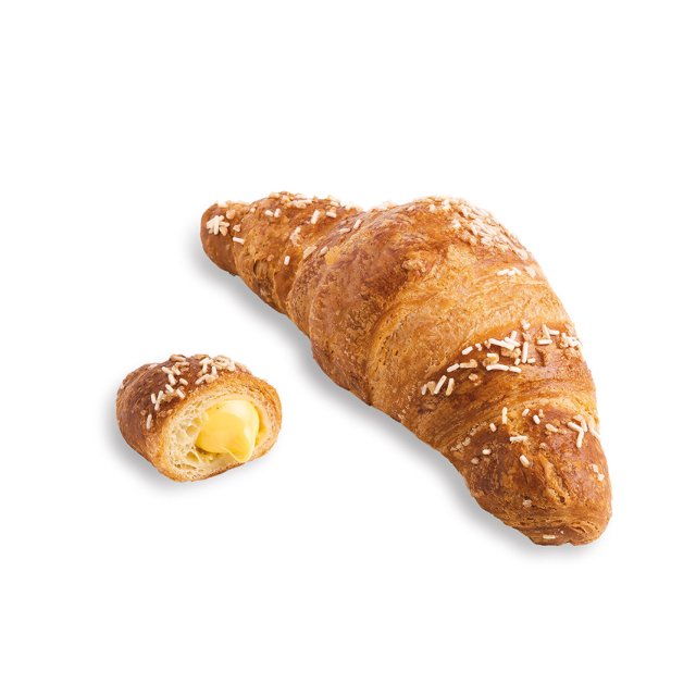 Zlatni kroasan s bijelim posipom, pored njega prerezani komad s kremastim žutim nadjevom.