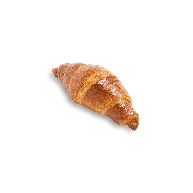Zlatnosmeđi croissant s glatkom, hrskavom koricom na bijeloj pozadini.