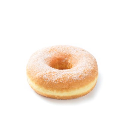 Prstenasti donut prekriven šećerom na bijeloj pozadini