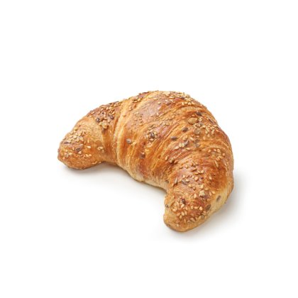 Zlatnosmeđi croissant s mješavinom sjemenki u obliku polumjeseca na bijeloj pozadini.