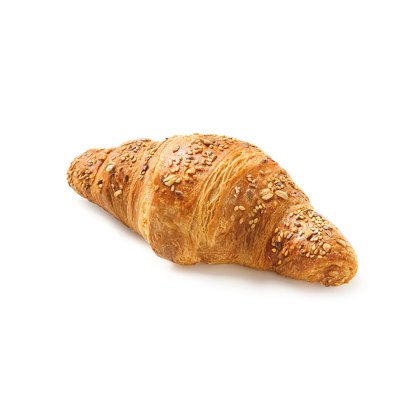 Zlatno pečeni višežitni croissant s posutim sjemenkama i zobenim pahuljicama na bijeloj pozadini.