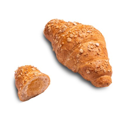 Croissant od cjelovitog zrna s pahuljicama zobi, uz manji komad s vidljivim marelica nadjevom.