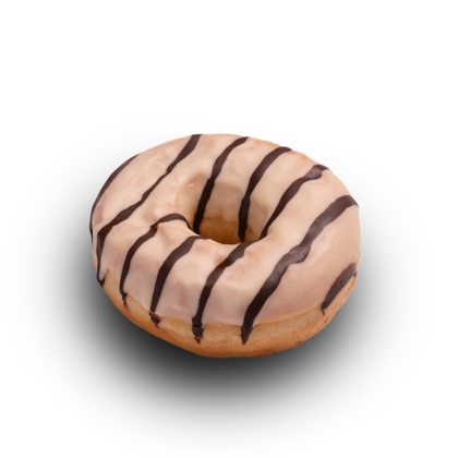 Glazirani donut s tankim čokoladnim prugama na bijeloj podlozi.