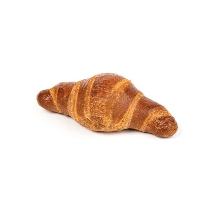 Zlatnosmeđi croissant zakrivljenog oblika na bijeloj pozadini.