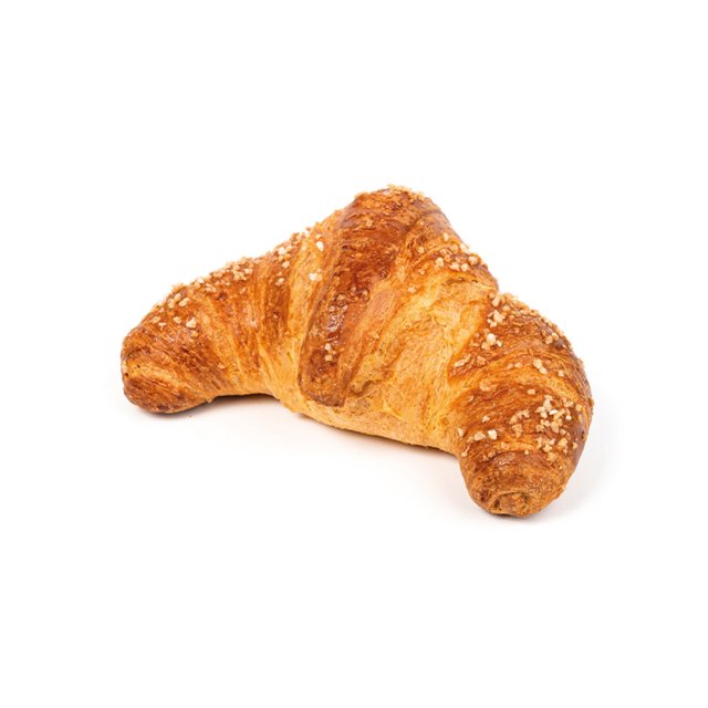 Zlatnosmeđi croissant s hrskavim šećernim kristalima, zakrivljenog oblika, na bijeloj pozadini