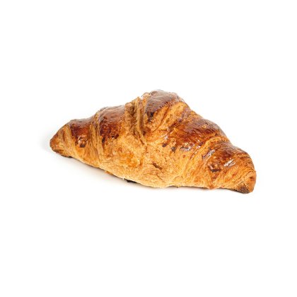 Zlatnosmeđi pečeni croissant s sjajnom, hrskavom koricom na bijeloj pozadini.