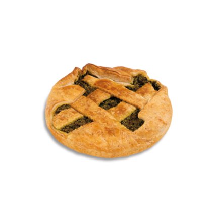 Okrugla pita sa zlatnom rešetkastom korom i tamnozelenom punom, izolirana na bijeloj podlozi.