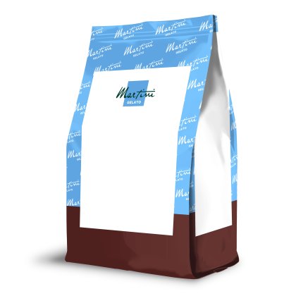 Prikaz plavo-smeđe stojeće vrećice s praznom bijelom etiketom i logotipom "Martini Gelato"