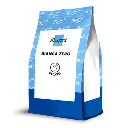 Plavo-bijela stojeća vrećica Martini Gelato Bianca Zero s ikonom kuglice sladoleda na etiketi.