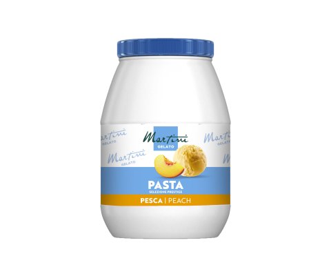 Bijela plastična posuda s plavim poklopcem, natpis "Martini Gelato Pasta Selezione Prestige, Pesca/Peach", s breskvam...