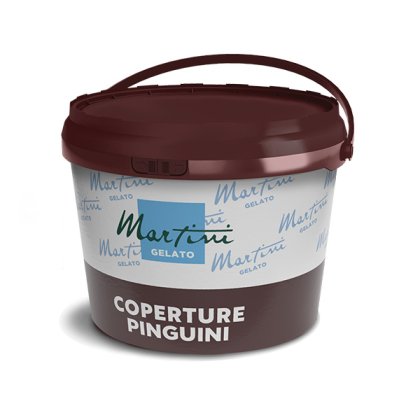 Tamnosmeđa plastična kanta s ručkom, označena Martini Gelato Coperture Pinguini, proizvod čokoladne glazure.