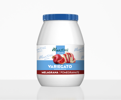 Bijela kanta s plavim poklopcem Martini Gelato Variegato, Melagrana nar, s kuglicom sladoleda i narom