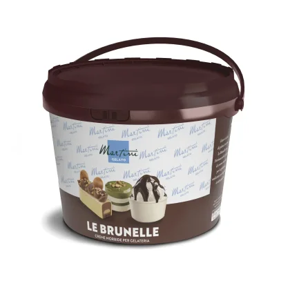 Smeđa kantica soft kreme Martini Gelato "Le Brunelle" s naljepnicom s ponovljenim logom i fotografijama deserta.