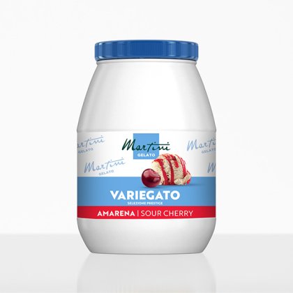 Bijela plastična posuda Martini Gelato Variegato Amarena s plavim poklopcem i etiketom s višnjama.