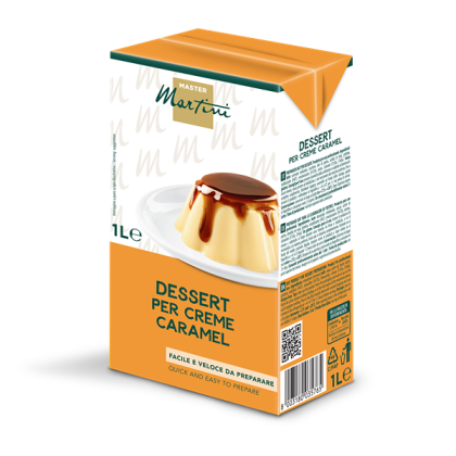 Kutija od 1L Master Martini smjese za crème caramel, s karamel flanom na bijelom tanjuru