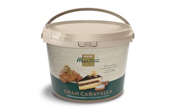 Bež plastična kanta namaza Master Martini Gran Caravella s prikazom croissanta i slojevite torte na etiketi.