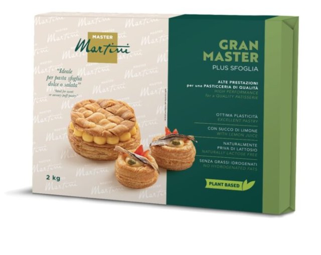 Master Martini Gran Master Plus Sfoglia 2kg kutija lisnatog tijesta s fotografijama krafne i slane tartice.