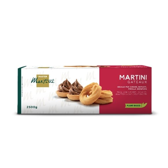 Kutija Master Martini Gateaux, 2500g, biljno prhko tijesto s čokoladnim tortama i prstenovima tijesta.