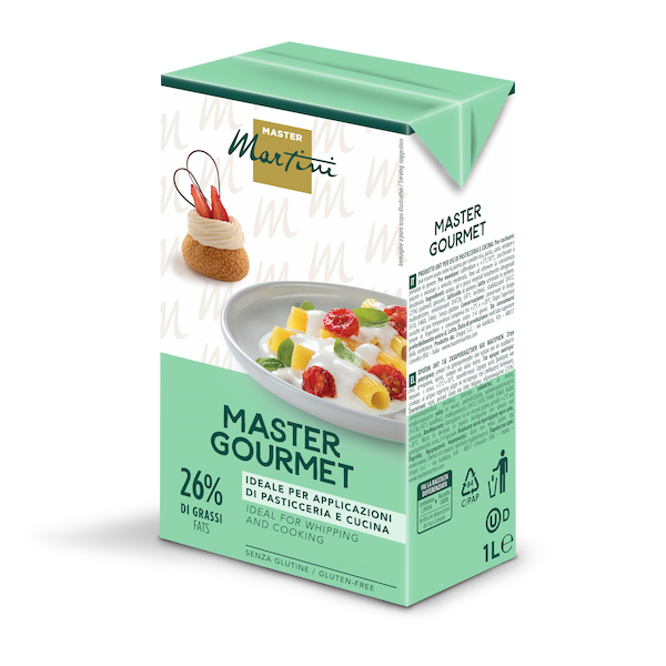 Kutija od 1L vrhnja Master Martini Master Gourmet, 26% masti, bez glutena, za poslastičarstvo i kuhanje.