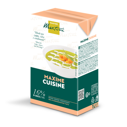 Pakiranje od 1L vrhnja za kuhanje Master Martini Maxime Cuisine, 16% masti, sa zdjelom zelene juhe na etiketi.