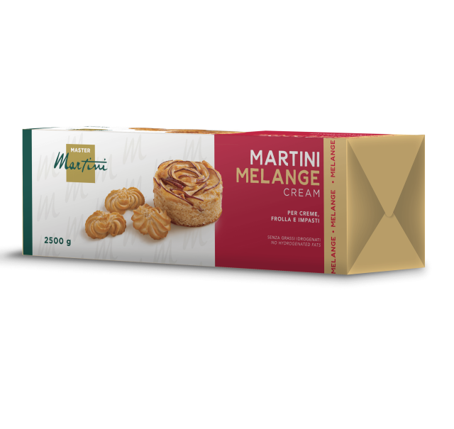 Kutija Master Martini Melange krema, 2500g, s pecivom i keksima od prhkog tijesta na pakiranju.