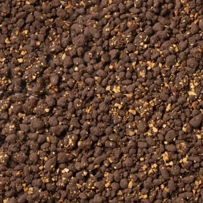 Krupni plan mrvičaste tamnosmeđe smjese s komadićima oraščića, nalik na čokoladni crumble.